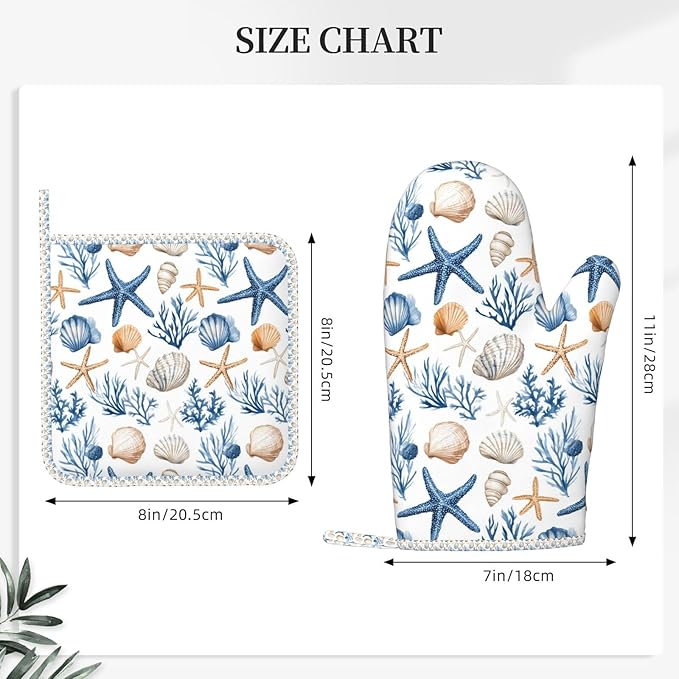 Oven Mitts Pot Holders Set Blue Seashell Starfish Childish Silicone Kitchen Gloves Potholders Heat Resistant for Chef Baking Cooking Grilling BBQ 4 Pack Mitt
