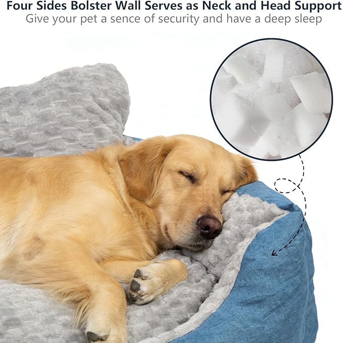 Dog Beds for Medium Dogs with Soft Plush Cushion, Blue and Gray Machine Washable Pet Bed,Non-Slip Year-Round Faux Fur Linen Pet Sofa(Up to 33 lbs)