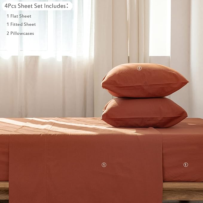 MooMee Bedding Sheet Set 100% Washed Cotton Linen Like Textured Breathable Durable Soft Comfy (Solid Rust Brown, King)