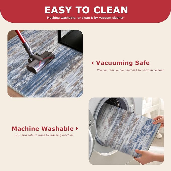 KOZYFLY Modern Abstract Washable Rug Runner 2.6x16 Hallway Rug Runner Non-Slip Soft Kitchen Runner Rugs, Blue Rust Striped Carpet for Stair Entryway Bathroom Laundry Room Foyer