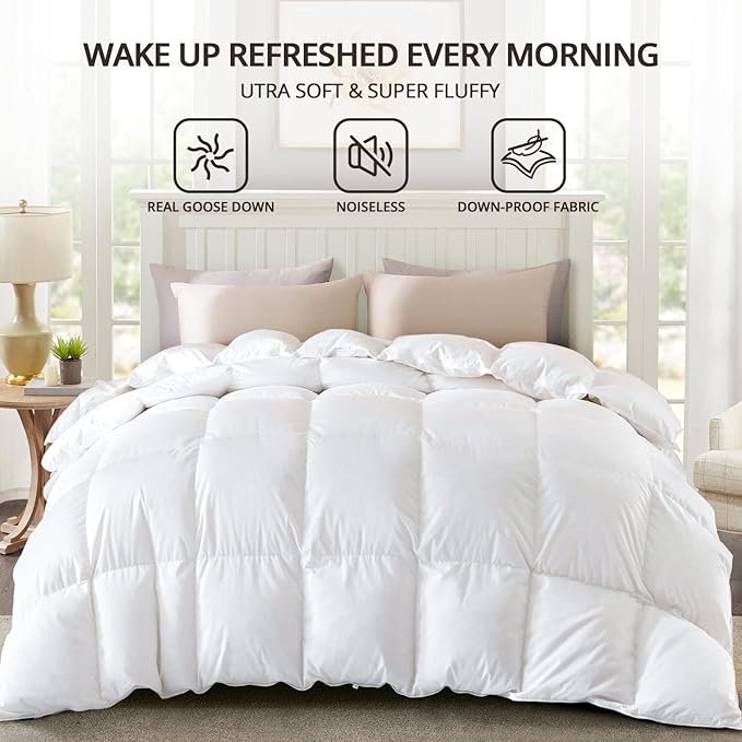 Globon Winter White Goose Down Comforter California King Size,800 Fill Power,420 Thread Count Ultra Soft Noiseless Shell with Corner Tabs, White