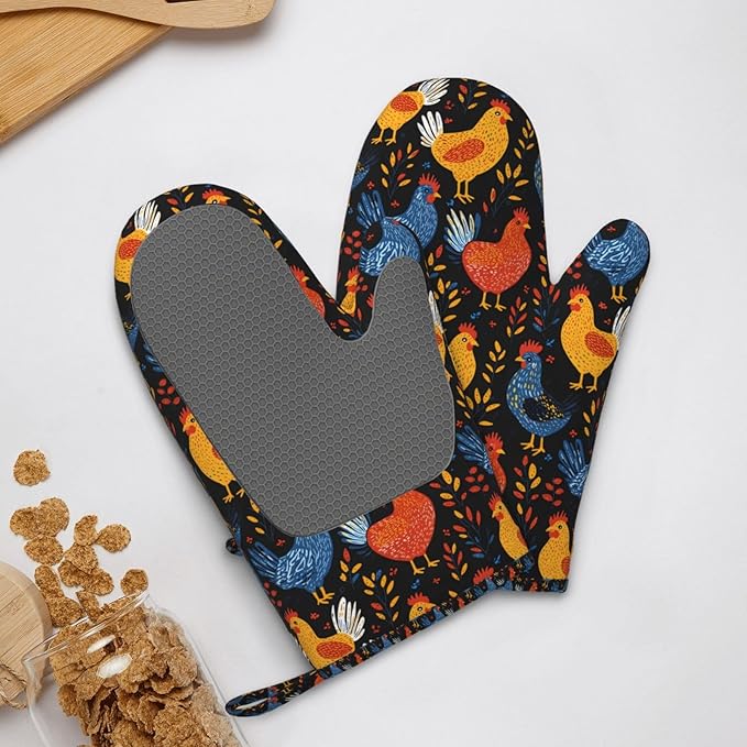 Heat Resistant Oven Mitts 2 Pack, 500°F Silicone Oven Gloves with Non-Slip Grip, Soft Quilted Cotton Lining for Baking, Grilling, BBQ, Cooking (Rooster)
