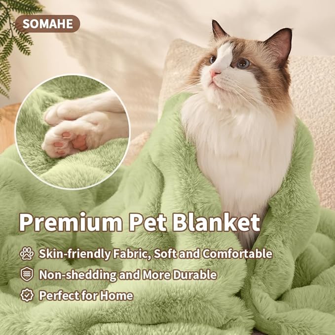 SOMAHE Self-Warming Cat Blanket for Indoor Cats & Small Dogs, Dual-Side Sherpa Plush Throw, Anti-Static Shared Couch Mat for Crate & Travel, Machine Washable No Shrink, 28x22 Inch Green