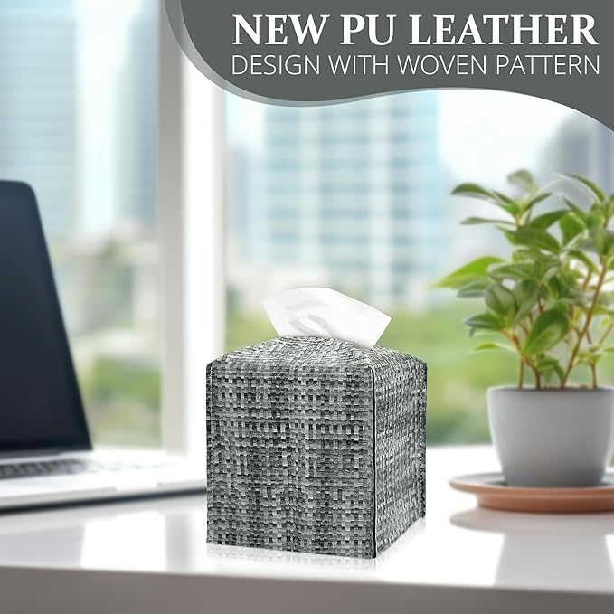 Tissue Box Cover, PU Leather Tissue Box Holder with Bottom Belt, Modern Square Tissue Box Covers with Wide Opening (Black Gray, Woven Patterns)