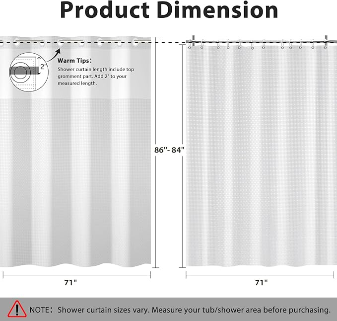 GICDSU No Hook Shower Curtain with Snap in Liner, Waffle Shower Curtain Set for Bathroom, Hotel Style with Semi-Sheer Top Window, Waterproof & Washable, White, 71" W x 86" L