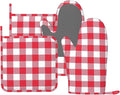 Red and White Checkered Oven Mitts and Pot Holders Set, 4pcs Red and White Plaid Silicone Oven Glove for Kitchen Heat Resistant Oven Mitts and Potholders Non-Slip for Cooking
