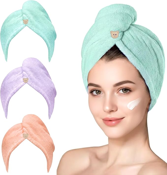 YHPDYL 3 Pack Microfiber Hair Towel Wrap for Women, Fast Drying Hair Turban with Button, Anti-Frizz Large Hair Towel for All Hair Styles, Soft & Absorbent Hair Drying Towel