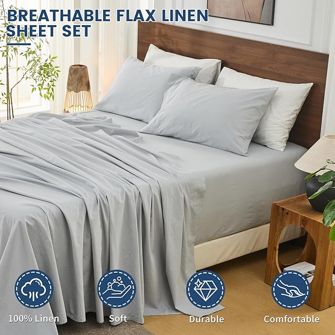 Bedlifes 100% French Flax Linen Sheets Set California King Size-6 Piece Extra Deep Pocket 18-24",Soft Breathable Cal King Bed Sheets with Temperature Regulating & Moisture-Wicking(Grey