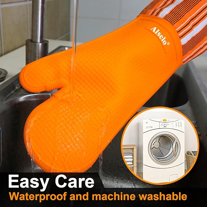 Oven Mitts Heat Resistant Silicone Kitchen Gloves for 550 Degrees with Waterproof and Non-Silp, Oven Gloves for Baking Cooking Barbecue Microwave Machine Washable (Extra Long Orange, 2)