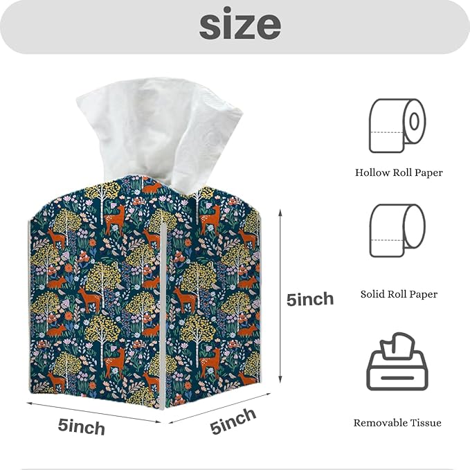 Tissue Box Cover, Tissue Box Holder, Square with Belt Bottom, PU Leather Decorative Organizer for Desk, Tabletop, Countertop Bathroom, Toilet Car, Office, Bedside, Kitchen, Deer Tree Flower Decor