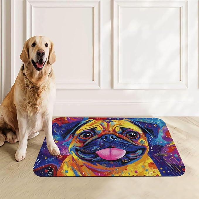 Pug Food Mat for Floors Waterproof,Quick Dry Anti-Slip Dog Bowl Mats for Food and Water,Pet Feeding Mats,Pet Placemat for Messy Drinkers to Protect Floors,Pets Supplies 17.72×11.81in