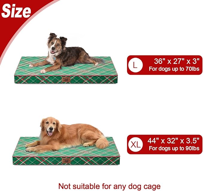 Tail Stories Outdoor Extra Large Dog Bed, Waterproof Dog Bed for Large Dogs, Egg Crate Foam XL Pet Bed with Removable Washable Oxford Cooling Cover, Christmas Plaid