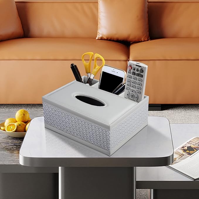 XNONE Tissue Box Cover Rectangle White Kleenex Box Holder PU Leather Facial Tissue Organizer,Multifunctional Remote Control Stationery Storage Box,Home Office Supplies Car Napkin Caddy