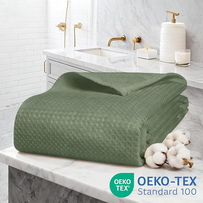 Zemyovia Waterproof No Hooks Waffle Shower Curtain, 260GSM Heavy Duty Fabric, with 10 Durable Split Grommets, Luxury Hotel Spa Style for Bathroom, Machine Washable, 74 x 72 Standard Size, Green