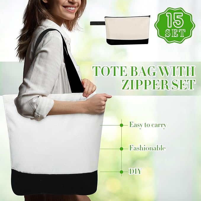 Sanwuta Canvas Tote Bags Bulk with Zipper Cosmetic Pouch 18.5" Reusable Cotton Shopping Bag with Handle for DIY Craft