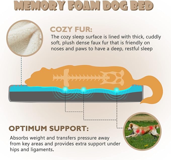 WATANIYA PET Memory Foam Large Dog Bed, Cooling Dog Beds for Large Dogs, Washable Orthopedic Pet Bed for Crate with Joint Relief Memory Foam, Waterproof Liner and Plush Cover (35"x 22", Beige)