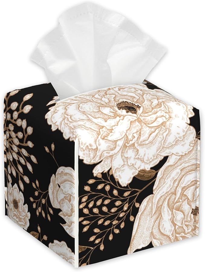 Vintage Peony Roses Tissue Box Cover,Berries PU Leather Tissue Box Holder Square,Modern Home Decoration for Bathroom Living Room Kitchen Office Car,5.2"×5.2"×5.2"