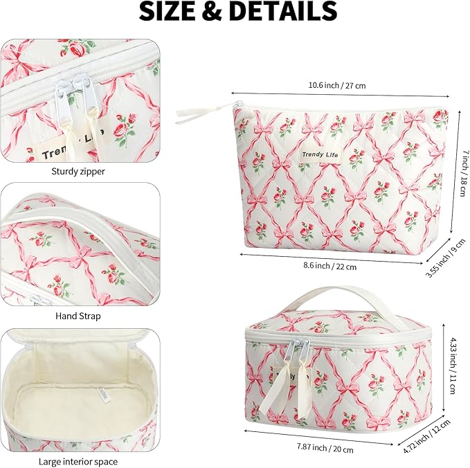 HAOGUAGUA 2 Pieces Makeup Bag, Small Large Quilted Cosmetic Bag, Travel Floral Make Up Toiletry Organizer Bag for Women Girls (2PCS STYLE B-1)