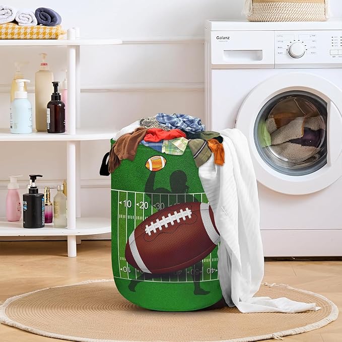 American Football Laundry Basket with Sturdy Handles, Ball Game Collapsible Oxford Cloth Laundry Hamper Organizer Basket for Bathroom Bedroom 15.7x20 Inch