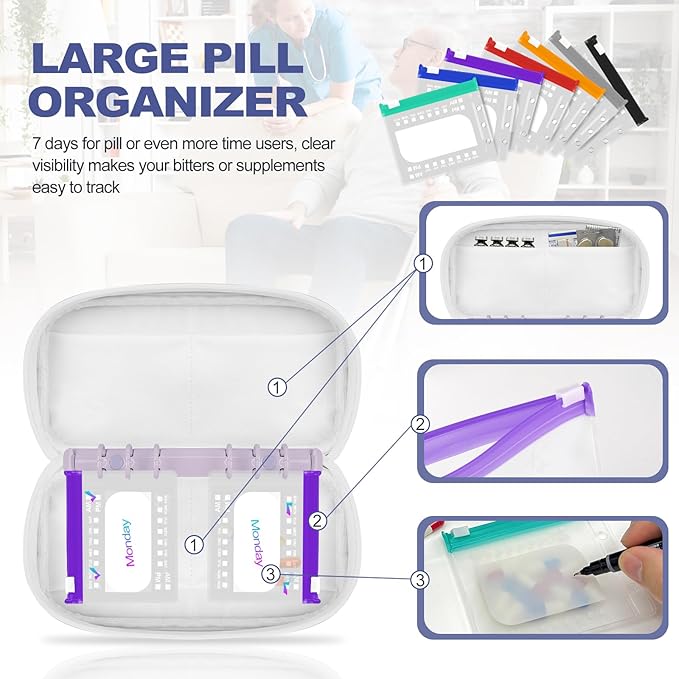 Weekly Pill Organizer 2 Times a Day - Timueetech A6 Waterproof 14 Pill Pouch Bags for Travel, BPA-Free Medicine Storage with Labels & Self-Sealing Design for Vitamins and Supplements, Purple