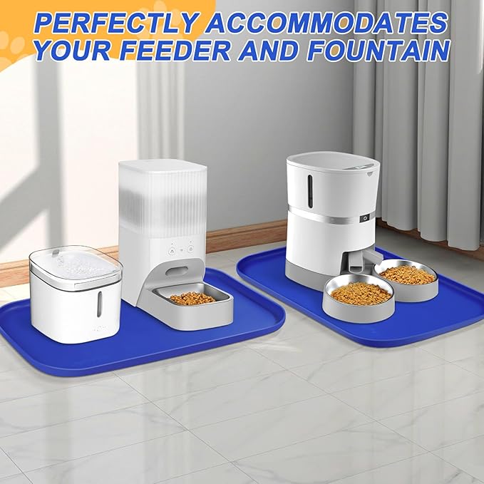 SMILOOL Silicone Pet Feeding Mat with Raised Edge for Food and Water, Dog Bowl Mats, Cat Bowls Placemat with High Lip for Floor Waterproof, Rubber Tray for Cats and Dogs 19 x 12 x0.7 Navy Blue