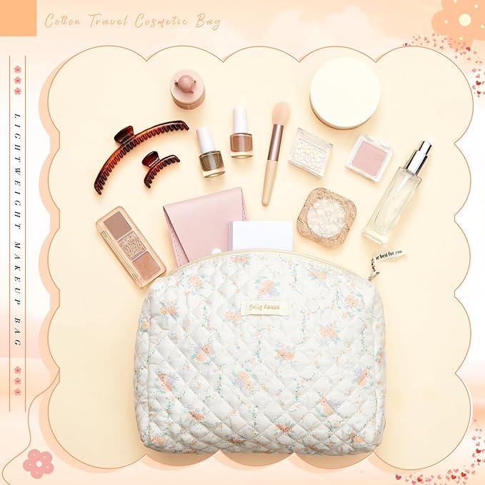 Zeyune 3 Pcs Makeup Bag Quilted Cosmetic Bags Large Floral Makeup Bag Set for Women Cotton Flower Travel Toiletry Storage Cute with Zipper for Women Mom Birthday Gift Home Bathroom(Apricot Peony)