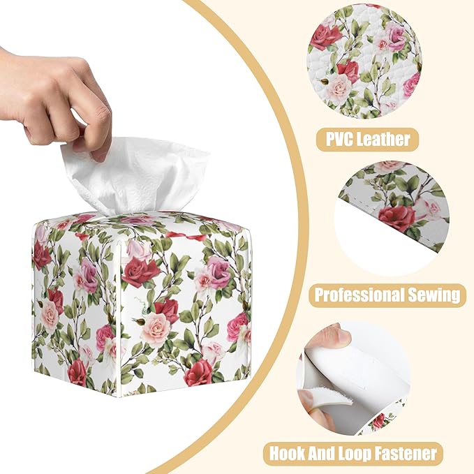 BLYKVGHQ Watercolor Rose Flower Tissue Box Cover Square, Tissue Box Holder with Bottom Belt Leather Facial Paper Organizer Dispenser for Bathroom Bedroom Dresser Night Stand Tabletop