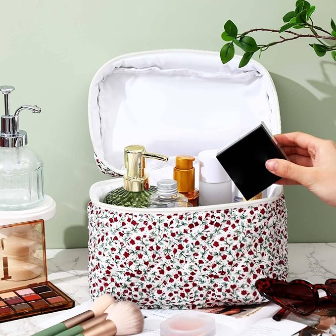 Paterr Makeup Bag Set 3 Pcs Large Quilted Cotton Make up Bags for Women Cosmetic Travel Toiletry Organizer Pouch Cute Aesthetic Storage Purse(Red,Red Floral)