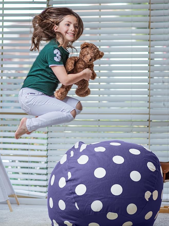 WEKAPO Stuffed Animal Storage Bean Bag Chair Cover for Kids | Stuffable Zipper Beanbag for Organizing Children Plush Toys Large Premium Cotton Canvas (Navy Dot, X-Large)