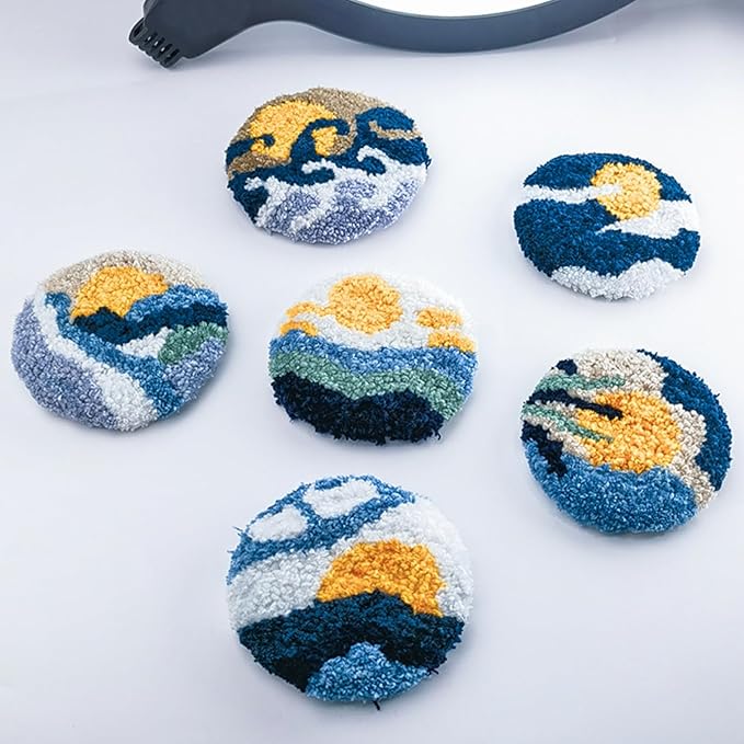 Allazone Punch Needle Kits, Punch Needle Coasters Kit, Punch Embroidery Kit with Felt Yarns Hoop Tools for DIY Coaster Crafts (Mountains and Rivers)