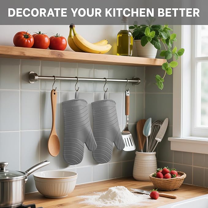 Beneno Heat Resistant Silicone Oven Mitts BPA-Free, Non-Slip Textured Grip & Quilted Cotton Lining, Waterproof Kitchen Mitt 2-Pack Set, 7"x13", Gray