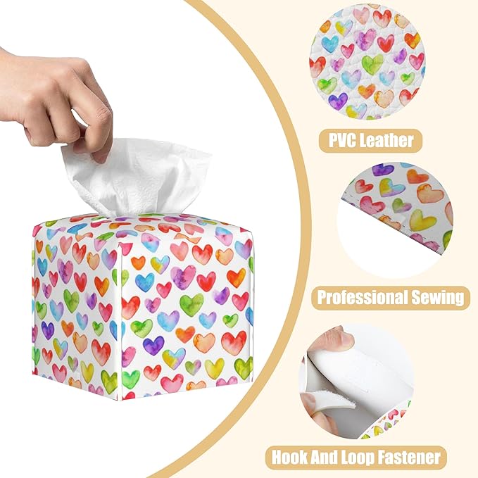BLYKVGHQ Watercolor Square Tissue Box Cover Colorful Hearts Tissue Box Holder Facial Cube Paper Dispenser Leather Decorative Organizer Home Office Desk Decor, 5.2"x5.2"x5.2"