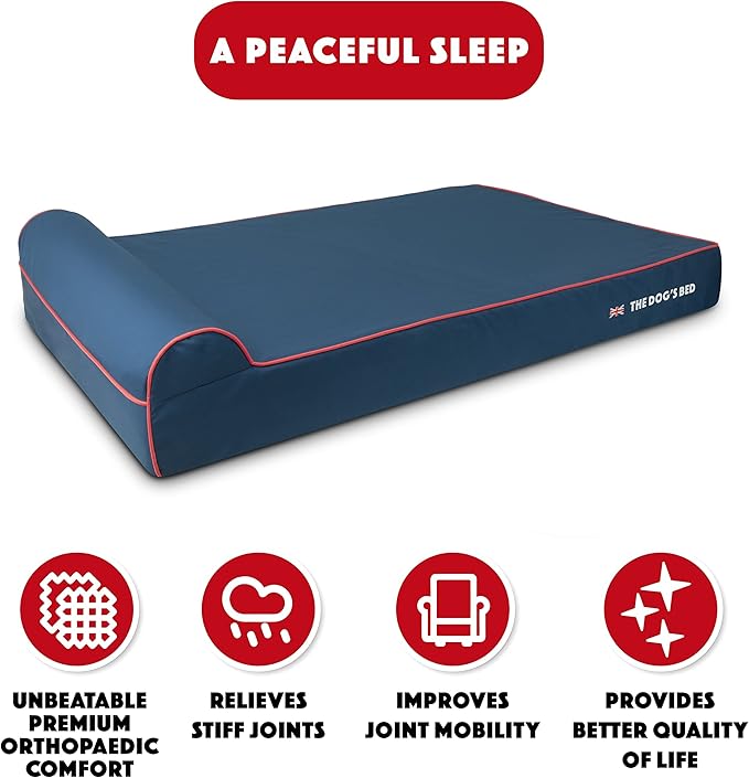 The Dog’s Bed Orthopedic Headrest Dog Bed XXL Blue Oxford with Red Trim UK Flag Dog Bed, Memory Foam, Hip & Elbow Dysplasia, Post Surgery, Waterproof Washable Cover, Veterinary Approved