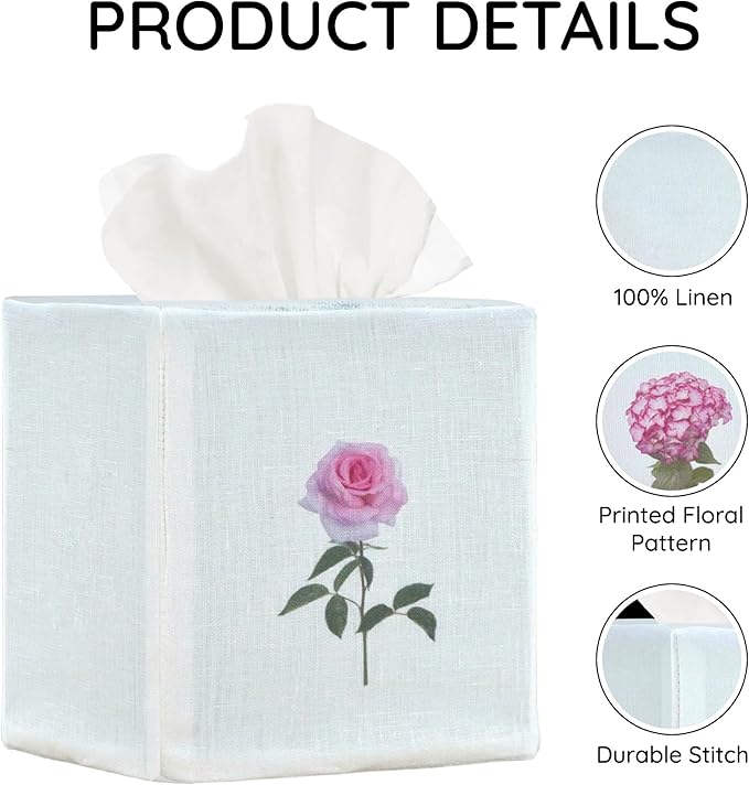 EmbroideryLinen.VN Tissue Box Cover Set of 2, Square Linen Tissue Holder, Printed Floral Design, 4.5x4.5x5.5 Inches, Decorative Holder for Bathroom, Living Room, Office (Rose)