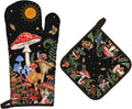 Mushroom Grass Oven Mitts and Pot Holders Sets 2Pcs, 100% Cotton Heat Resistant, Extra Long Oven Gloves Potholder for Kitchen Cooking Baking Decoration