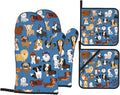 Cute Dogs Blue Oven Mitts and Pot Holders 4 Pcs Set Puppy Animals Oven Gloves and Potholders for Cooking Microwave BBQ Baking Grilling