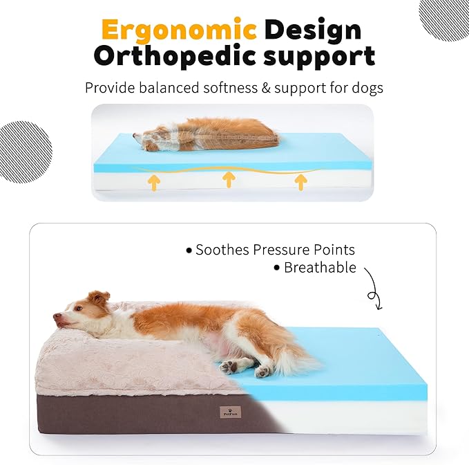 PetFun Memory Foam XL Dog Bed for XLarge Sized, Extra Large Orthopedic Dog Sofa with Sides and Waterproof Liner, Washable Bolster Pet Bed Couch with Removable Cover, 60x43x13 Inch, Khaki