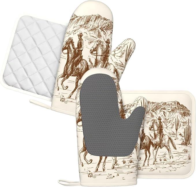 Cowboy Oven Mitts and Pot Holders Sets Silicone Western Desert Cowboy Kitchen Mitts Potholders Heat Resistant 4Pcs Oven Gloves Hot Pads for Kitchen Baking Cooking BBQ Grilling