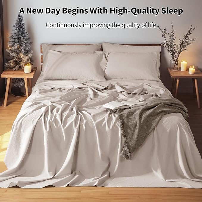 LBRO2M 100% Linen Sheet Set California King Size, Bed Sheets 6 Piece Sets,Solid Color Natural Flax Bed Sheets Soft Breathable Bedding,16" Deep Pocket,All Season (Cal King, Linen)