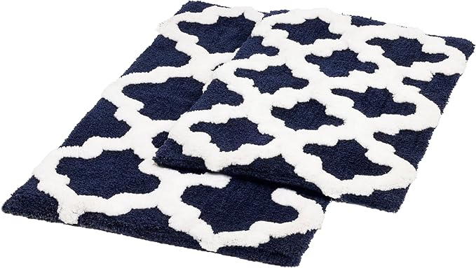 C23 Luxury Trellis Bath Rug Set of 2 (Navy Blue & White) 20"x32" & 16"x24" | 2200 GSM Ultra-Thick High-Density Plush | Decorative Non-Slip Bathroom Mats | Hotel Quality, Machine Washable