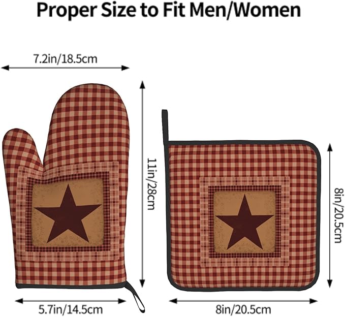 Western Star Oven Mitts and Pot Holders Sets, Vintage Red Checked Heat Resistant Kitchen Gloves 2-Pack Set,Primitive Farmhouse Decor Oven Gloves Pot Holder for Baking Grilling Barbecue Microwave Gift