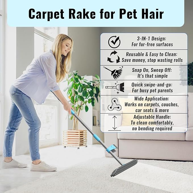 OKcedier Carpet Rake for Pet Hair Removal Tool, 3 in 1 Carpet Scraper with 59" Adjustable Handle, Silicone Rug Rake for Dog & Cat Hair, Pet Hair Remover for Furniture, Couch, Pet Bed & Car Interior