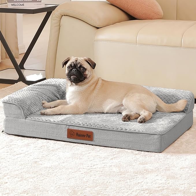 Rainmr Orthopedic Dog Bed Medium Size Dog, Memory Foam Dogs Bed for Medium Dogs, Washable Removable Cover, Nonskid Bottom, Waterproof, for Indoor, Outdoor, Crate ＆ Car Use, 35x23x6 Inches, Light Grey