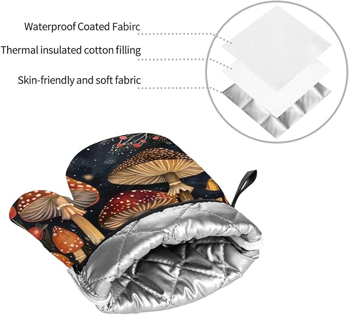 Oven Mitts and Pot Holders Sets of 4 Mushroom Vintage Botanical Kitchen Potholder Gloves Heat Resistant Non-Slip for Chef Baking Cooking Grilling BBQ Mittens