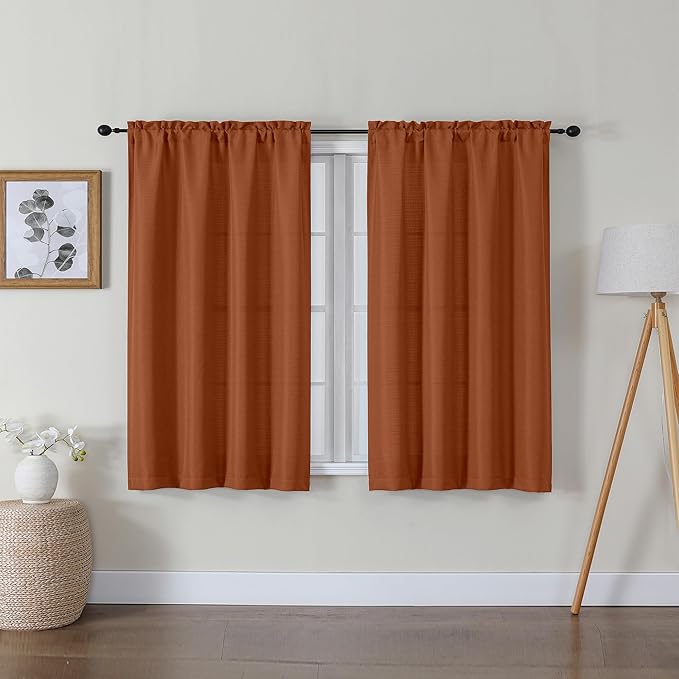 Lecloud Bessie Orange Short Curtains 45 Inch Length 2 Panels, Faux Linen Light Filtering Curtains with Dual Rod Pocket, Farmhouse Small Window Curtain for Bedroom Living Room, Each 30 W x 45 L