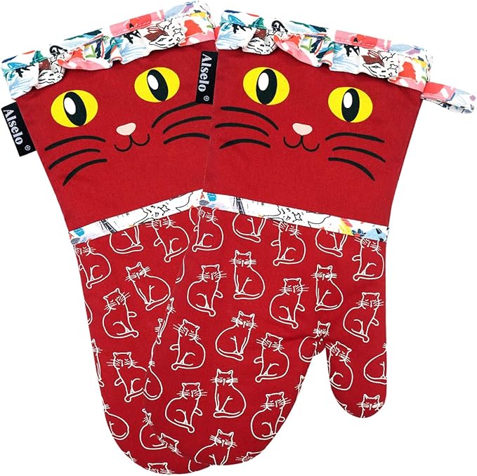 Oven Mitts, Heat Resistant with Soft Quilted Cotton Lining Set of 2, Fashion Animal Design with Silicone Printing Anti-Slip Kitchen Gloves for Safe Backing Cooking Barbecue (Red 2)