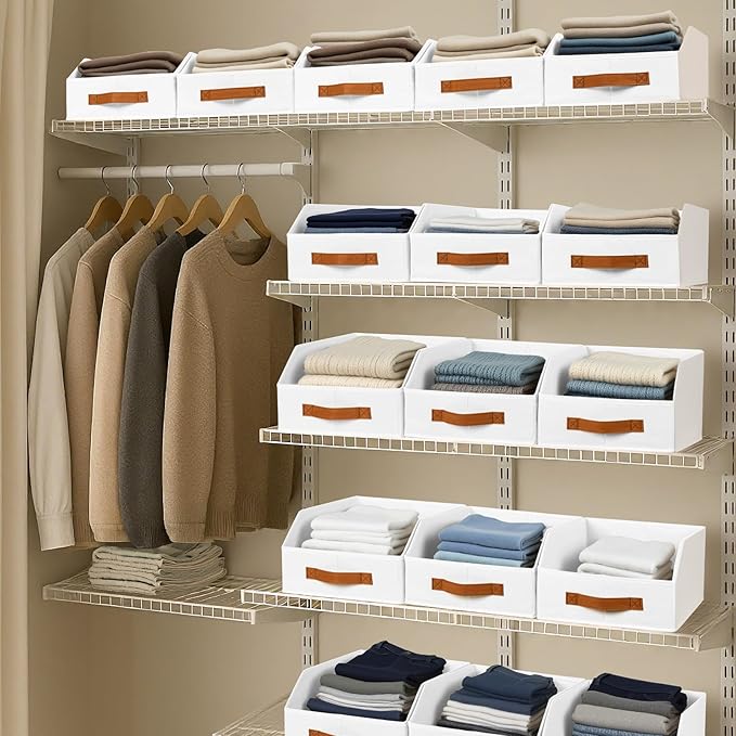 Homsorout Fabric Storage Bins for Organizing - 6 Pack Large Trapezoid Collapsible Storage Bins with Front Handle, Closet Organizers and Storage for Bedroom, Home Shelves, Small Spaces, White