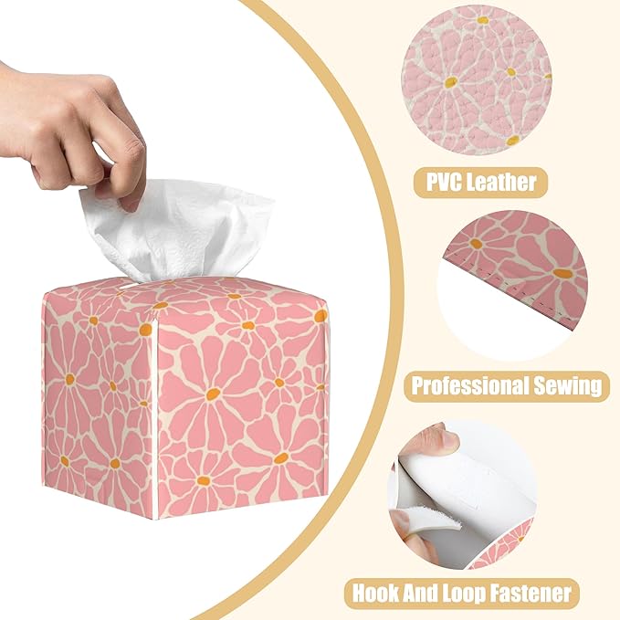 BLYKVGHQ Pink Retro Groovy Flower Tissue Box Cover Square, Tissue Box Holder with Bottom Belt Leather Facial Paper Organizer Dispenser for Bathroom Bedroom Dresser Night Stand Tabletop