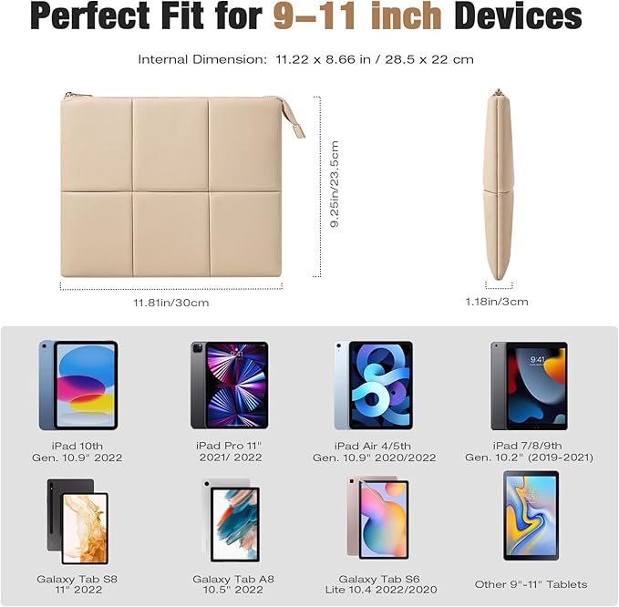 MoKo 9-11 Inch Puffy Tablet Sleeve Bag Fit with New 11-inch iPad Pro M4/iPad Air M2, iPad 10th Gen 10.9, iPad Pro 11, iPad Air 4/5th Gen 10.9, Built-in Elastic Band, PU Leather Carrying Case, Sand