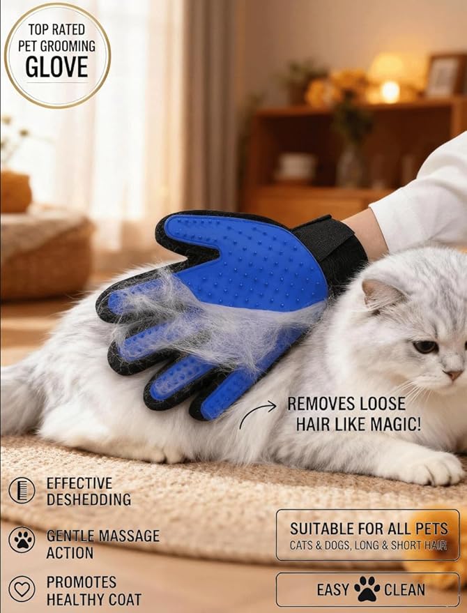 Pet Hair Remover Glove - Gentle Deshedding Brush Glove for Dogs & Cats - Enhanced Grooming & Massage Mitt for Long and Short Fur - Perfect for Shedding and Bathing (Blue, 1 Piece)